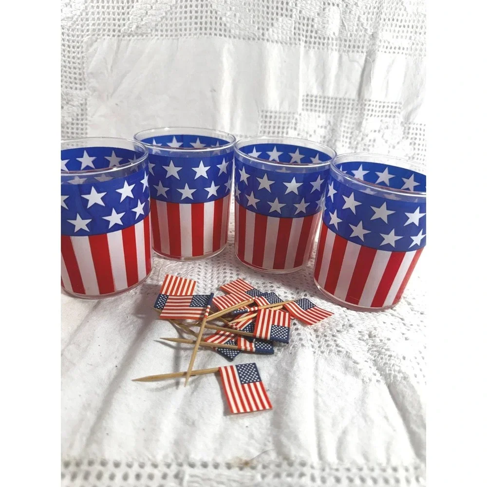 4 Vintage Dartington Designs-France Patriotic American Flag Glasses